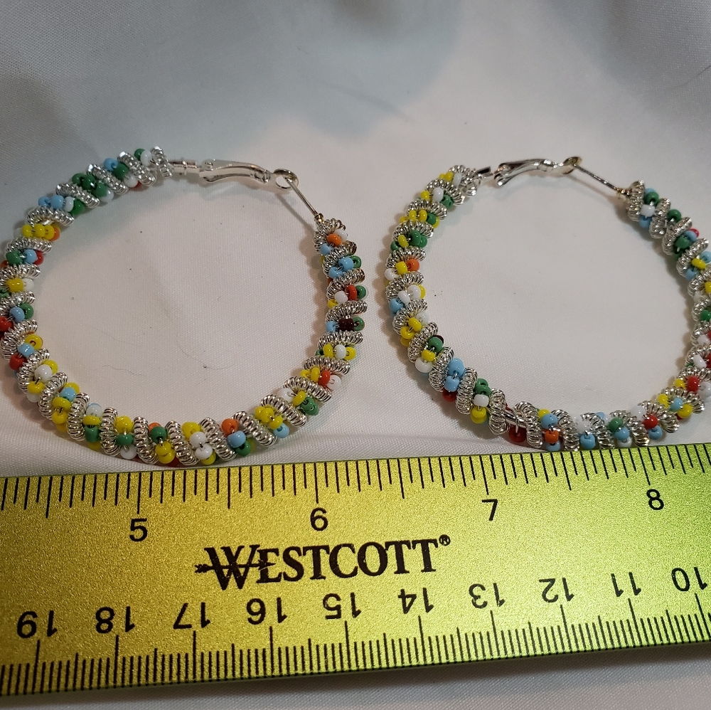 2.5 inch multicolored beaded hoop earrings